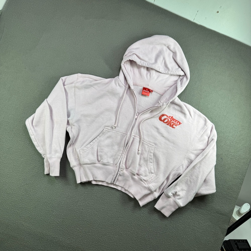 Coca-Cola Cherry Coke Hoodie Women Medium Pink Zip Up Cropped Fleece Sweatshirt - Picture 2 of 10